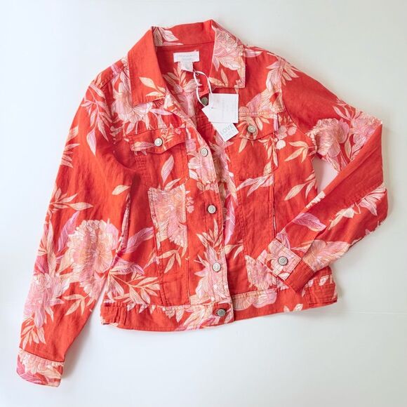 NWT Cynthia Rowley Linen Jacket in Tangerine Orange w/ Pink Floral Print S - Picture 1 of 9